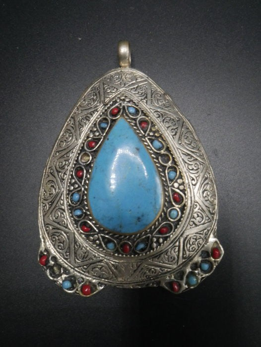 Grand pendentif Afghan en turquoises et argent