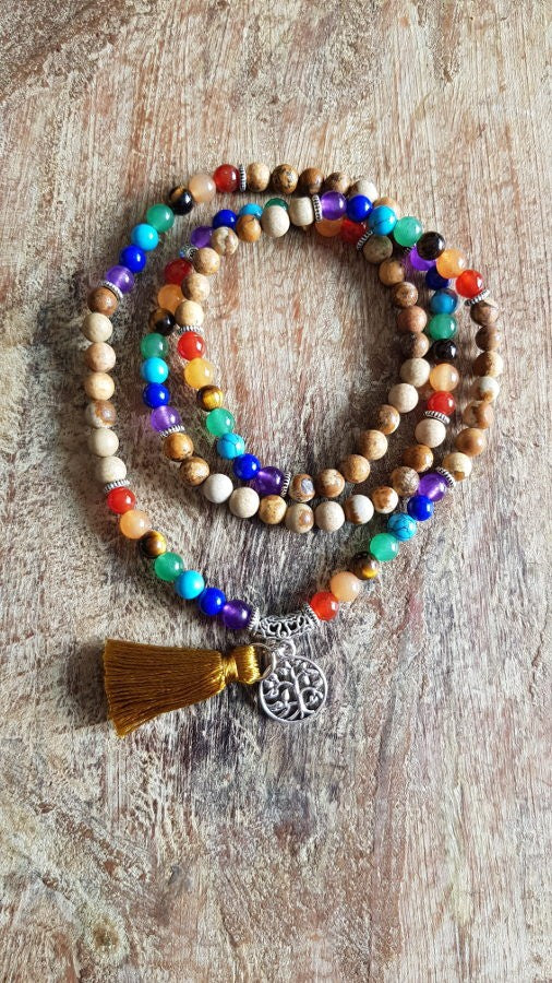 Bracelet collier mala en agathe avec charme arbre de vie